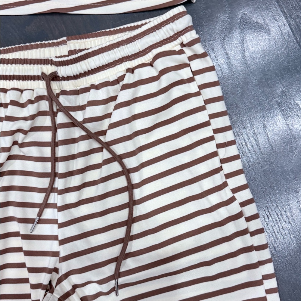 Striped Two-Piece Loungewear Set in Cream and Brown - Picture 7 of 9